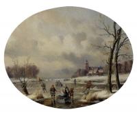 Ahrendts, Carl Eduard - Skaters On A Frozen Waterway, A 'Koek En Zopie' In The Distance